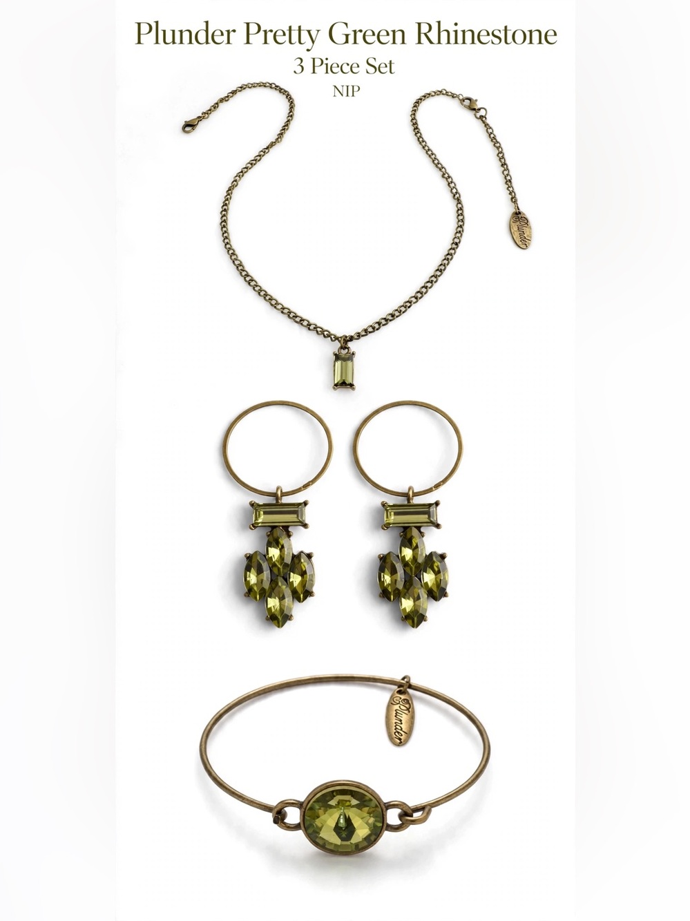 Plunder Pretty Green Retro Inspired Rhinestone Jewelry 3 Piece Set NIP